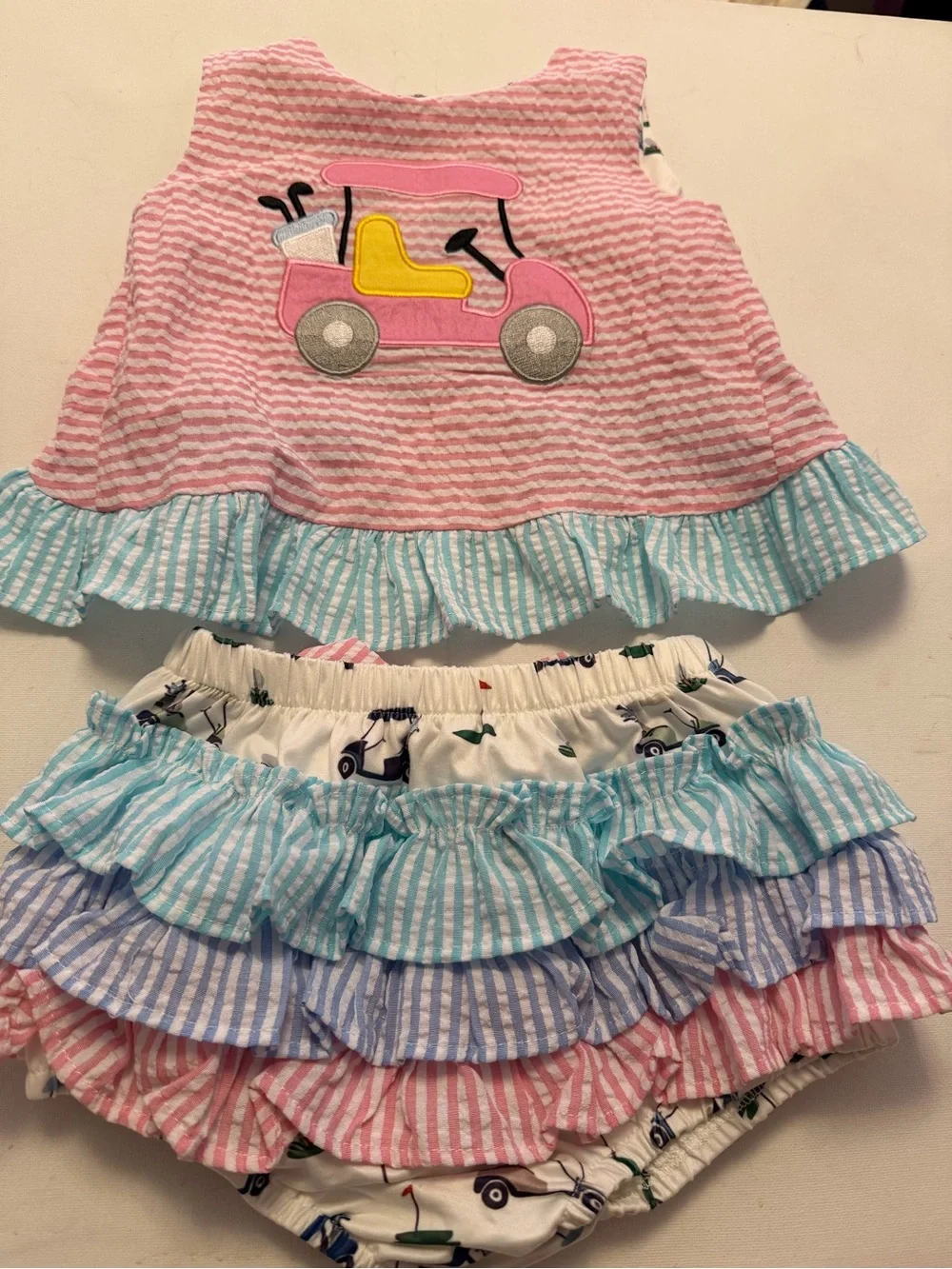 Girls Pink Striped Ruffle Two-Piece Set with Car Applique